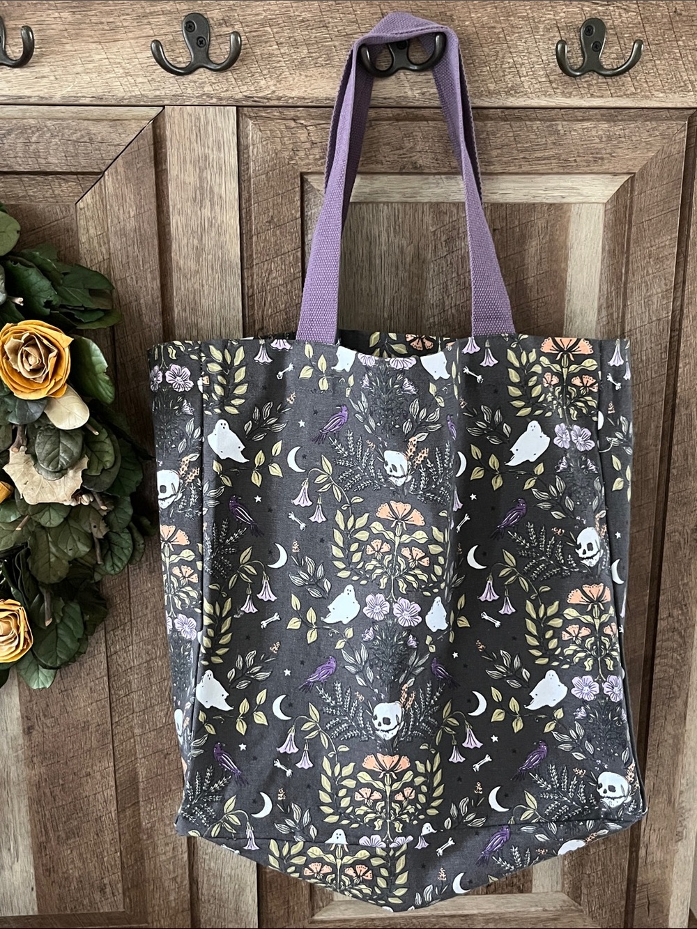 Spooky Halloween Ghosts Tote Bag Dark Gothic Floral Canvas Shoulder Bag Purple